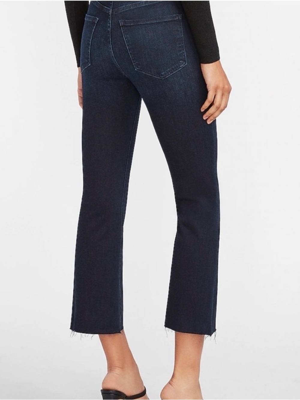 Express dark wash raw hem crop flare 10R